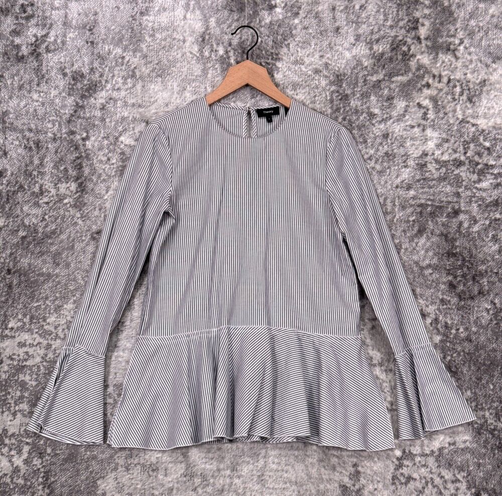 Theory Top Small Womens Lexandra Mason Striped Flare Cuff Peplum Blouse